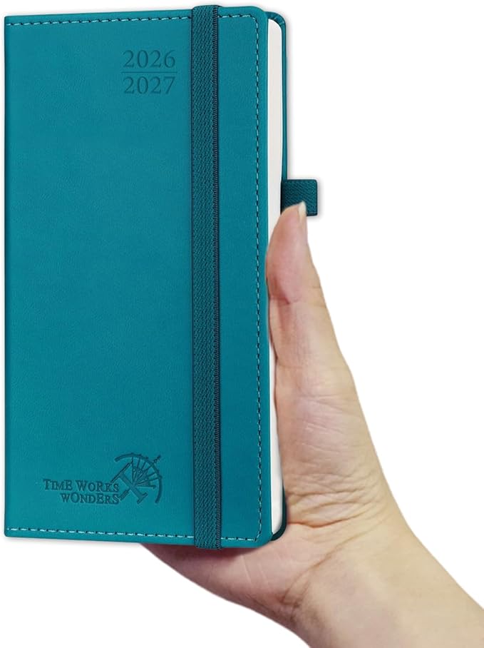 POPRUN Pocket Planner 2026-2027, Slim Size-3.5" x 6.5", 17 Month (Aug 2026 - Dec 2027) Academic Pocket Calendar for Purse, Small Weekly Appointment Book with Vegan Leather Hardcover - Pacific Green