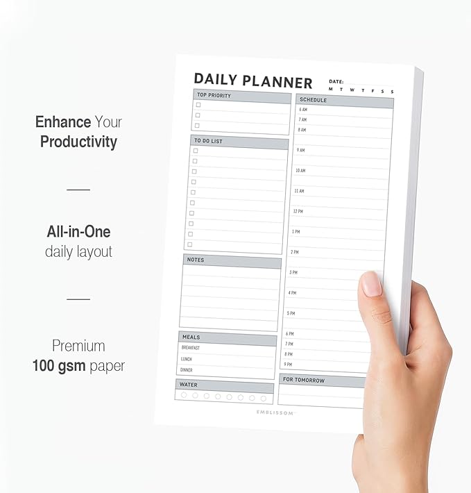 Daily Planner Notepad, 5.5 x 8.5" Tear-Off Pad – 70 Undated Sheets Focus-Enhancing Desktop Organizer with Hourly Schedule, To-Do List for Work, School (White, Checkbox, 2 Pack)