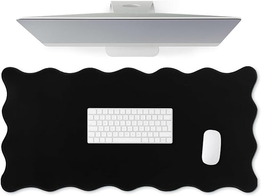 Hahafelt Scalloped Desk Mat Large Desk Pad Cute Coquette Table Mat Back to School Preppy Table Make up Pad Nonslip Graduation Gift with Stitching Waterproof Gaming(Black,31.5 x 15.8 Inches)