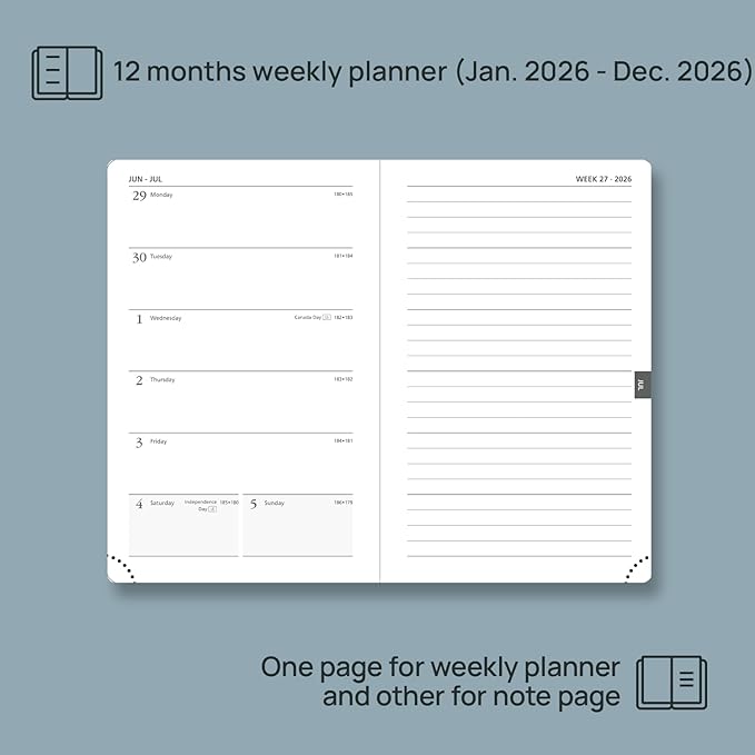 POPRUN Weekly Planner 2026 Pocket Size Calendar (4" x 6.25") 12 Months Notebook with Horizontal Layout, Leather Soft Cover, Inner Pocket, 100GSM Thick Paper, Pen Holder - Soft Pink