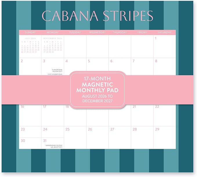 Orange Circle Studio 2027 Cabana Stripes Magnetic Monthly Calendar Pad, 17-Month Stripe Design Calendar for Office Desk & Refrigerator, Wall Planner, 9.6" x 8.5", Tear-Off Pages, Thick Paper Family Organizer