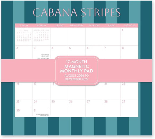 Orange Circle Studio 2027 Cabana Stripes Magnetic Monthly Calendar Pad, 17-Month Stripe Design Calendar for Office Desk & Refrigerator, Wall Planner, 9.6" x 8.5", Tear-Off Pages, Thick Paper Family Organizer