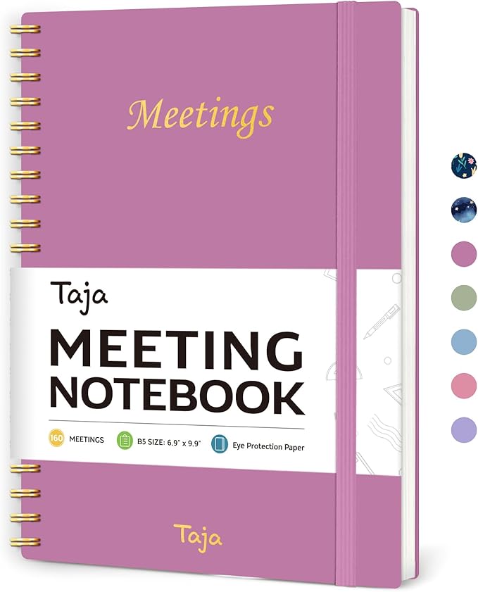 Taja Meeting Notebook for Work Organization - Work Planner Notebook with Action Items, Agenda Planner for Note Taking, 160 Pages (6.9" X 9.9") Project Organizer for Men & Women - Purple