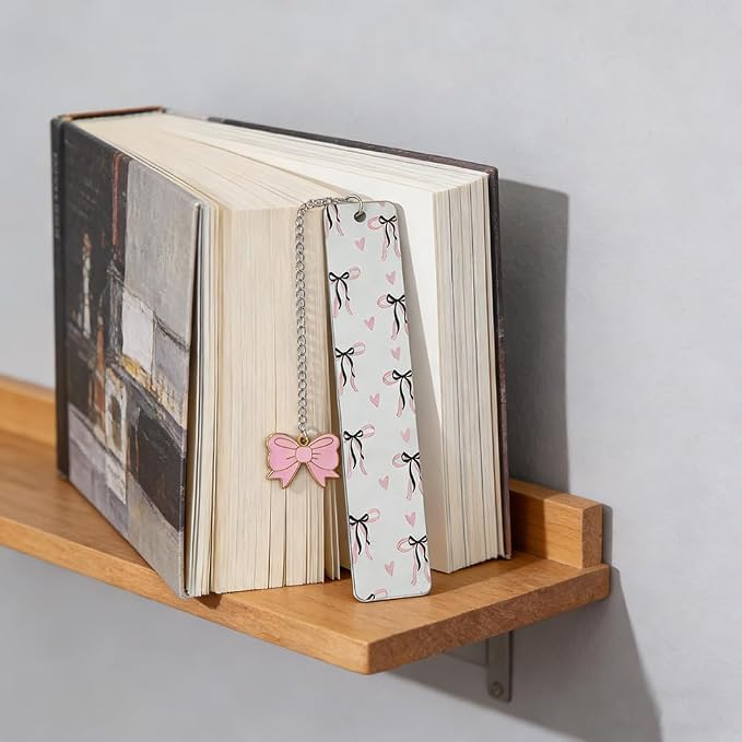 Pink Bowknot Stainless Steel Bookmark - Printed with Cute Bowknot Patterns & Equipped with Heart Pendants, Ideal for Female Readers, Perfect Birthday Gift for Girlfriends (Double-Sided A)