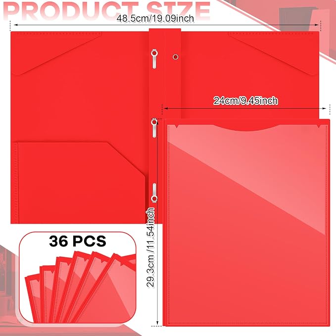 Henoyso 36 Pcs Plastic Folder with Clear Front Pocket and 3 Prong Plastic Folders with Card Slot Pocket Folders with Prongs for School Office (Red)