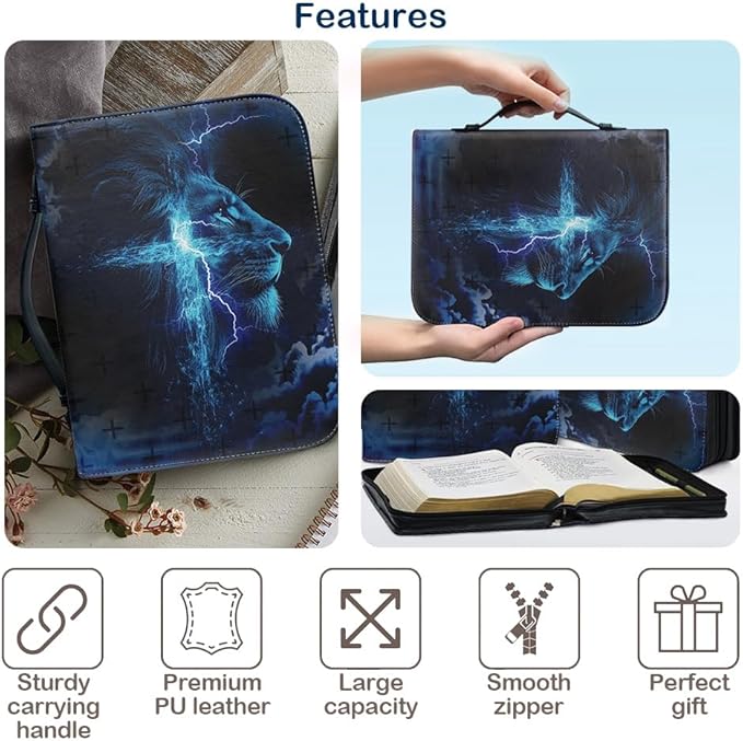 Bible Case with Handle and Zipper, Premium PU Leather Waterproof Bible Cover 11.2 x 8 x 2.2 Inches, Book Case for Standard Size Bibles with Pen Storage, Bible Accessories Gifts (Blue Lion)