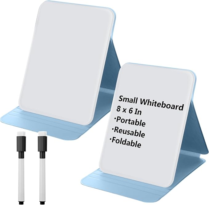 Dunzoom 2 Pcs Small Glass Desktop Whiteboard with Reversable Stand 8 x 6 Inch Mini Dry Erase White Board Easel with 2 Markers Reusable Desk Notepad for Home Office School Supplies (Blue)