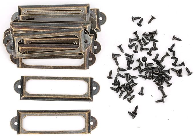 20PCS Metal Drawer Label Holders, Retro Exquisite File Cabinet Label Frames Card Tag Label Holder with Screws for Office Drawers Shelves (Bronze Color)