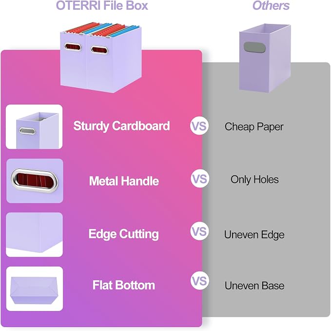 Oterri File Organizer Box, Portable Collapsible Cardboard File Folder Organizer with Handle for Letter Size Hanging Files, Document Storage Box for Home Office & Classroom (8 Packs, Purple)