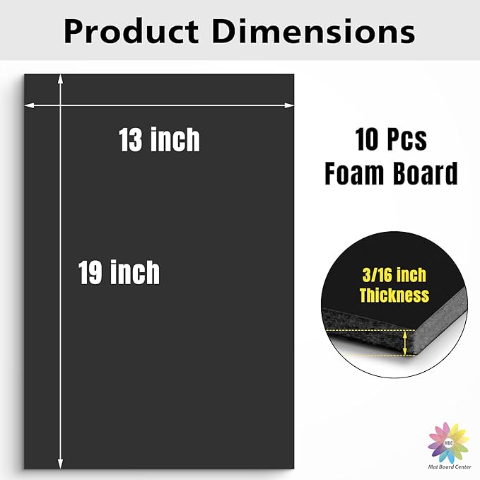 Mat Board Center Premium Black Foam Core Board - 13x19 Inches 3/16" Thick - 10 Pack - Acid-Free - Ideal for Mounting, Crafts, Art, and Presentations