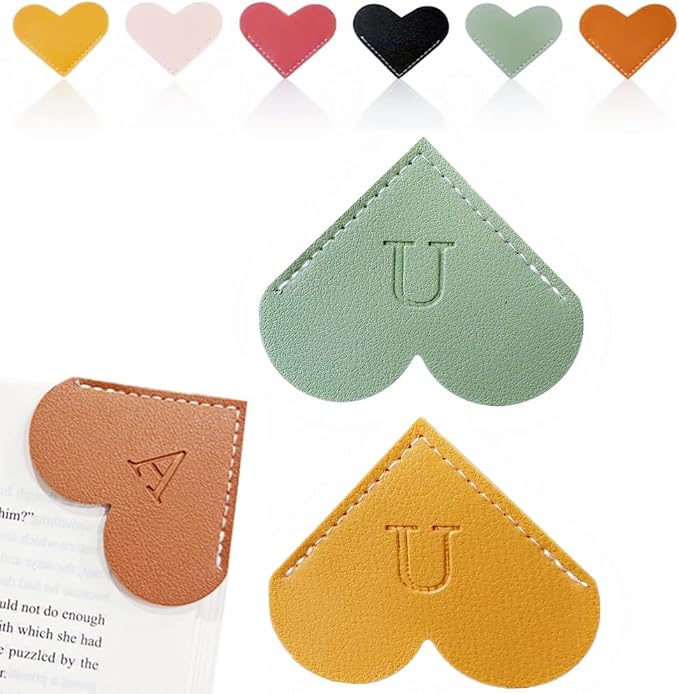 Personalized Leather Heart Bookmark, 26 Letters Customized Corner Book Mark for Reading Women, Book Marker with Initials，Cute Gifts (Green+Light Brown, U)