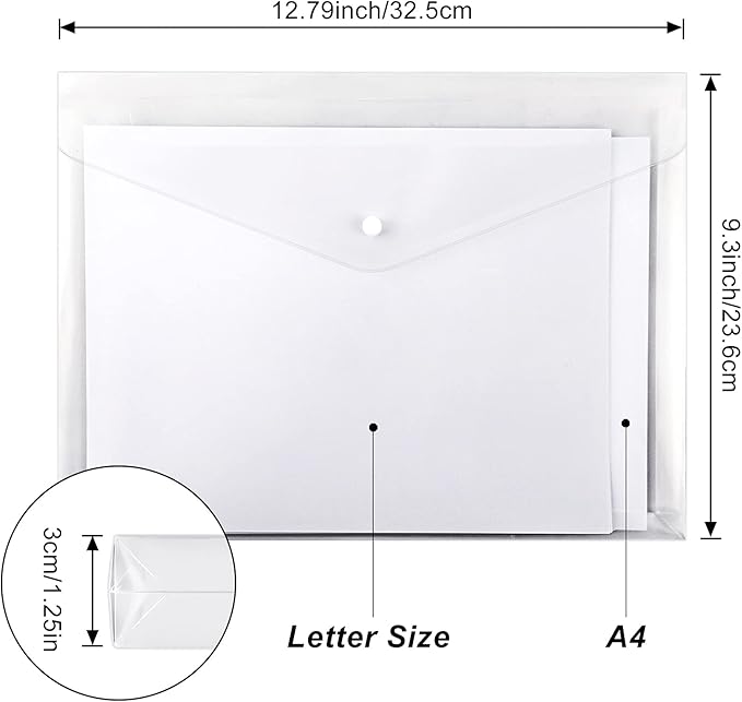 EOOUT 24pcs Clear Envelopes, Expandable Folders for Documents and Waterproof Folders with Snap Closure, A4 Size Letter Size, for School and Office Supplies