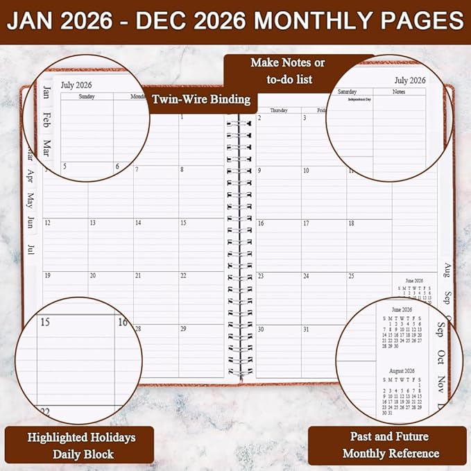 Planner 2026 - Weekly & Monthly Planner Runs from January 2026 to December 2026, 8.5 x 11", 12 Month Tabs, Inner Pocket, PU Leather Cover with Twin-Wire Binding, Monthly Planners 2026, Brown