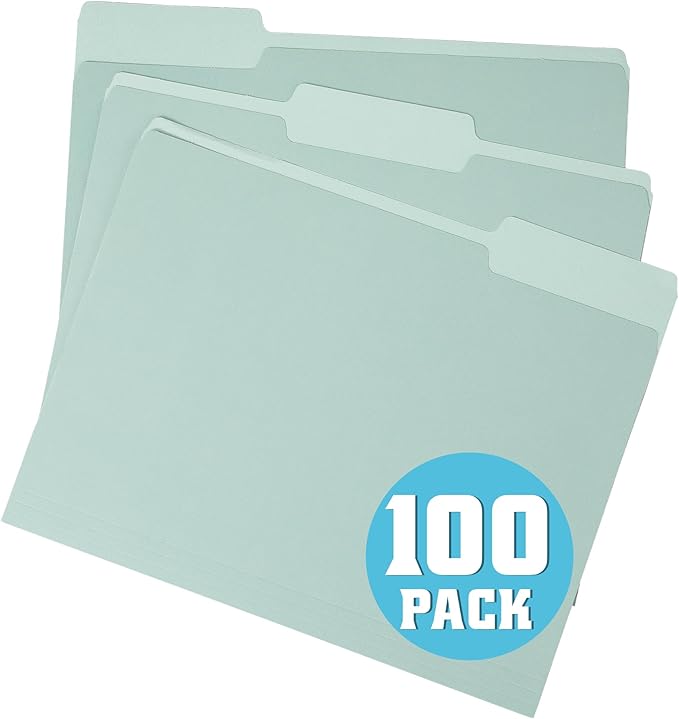 pmybupo100 Pack Green File Folders,1/3 Cut,Letter Size Colored File Folders,Decorative Multicolor Durable 11pt Paper,Two-Tone Design