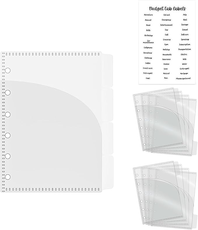 NatSumeBasics 8 A7 Binder Dividers Pockets with Tabs Zipless Cash Stuffing Envelopes Clear Binder Inserts and Tab Sticker for 6 Rings Budgeting Binder Accessories (8 A7 2 Layer)