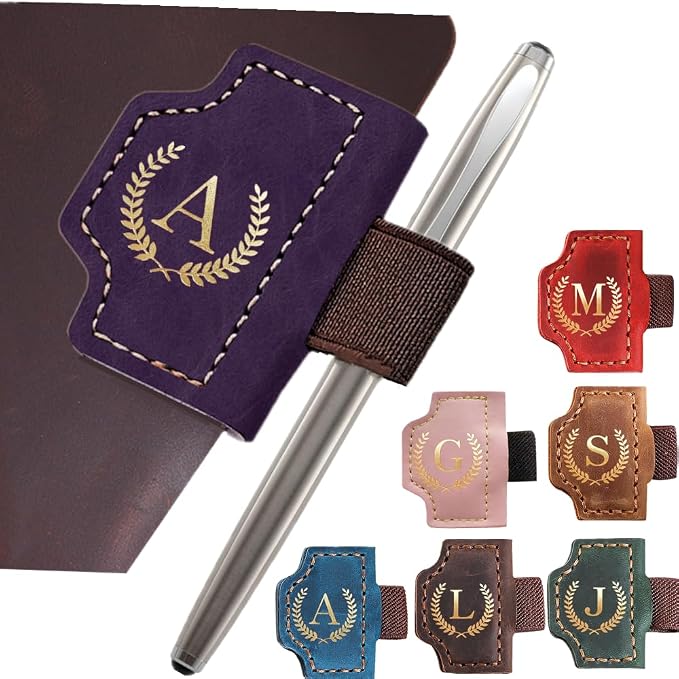 Personalized Mark Bookmark with Pen Holder, Leather Magnetic Book Marker 26 Letters,Custom Initials Page Marks, Gifts for Book Lovers Readers Men Women (Purple, A)