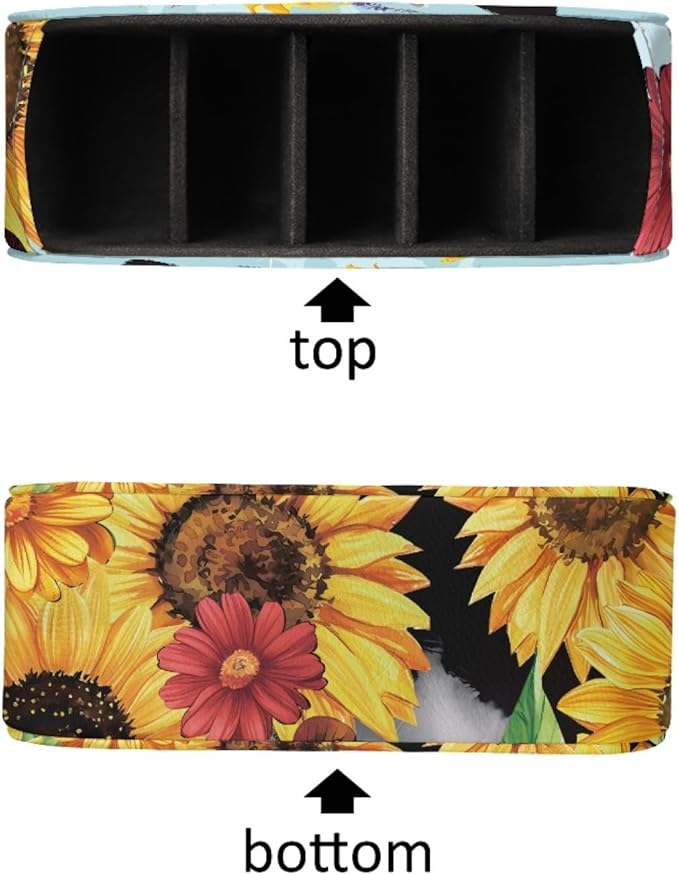 FUSURIRE Sunflower Cow Print Remote Control Holders with 5 Compartment,PU Leather Desk Organizer Box Caddy Office Storage Supplies Fashion Remote Holders Valentine's Day Decor for TV, DVD