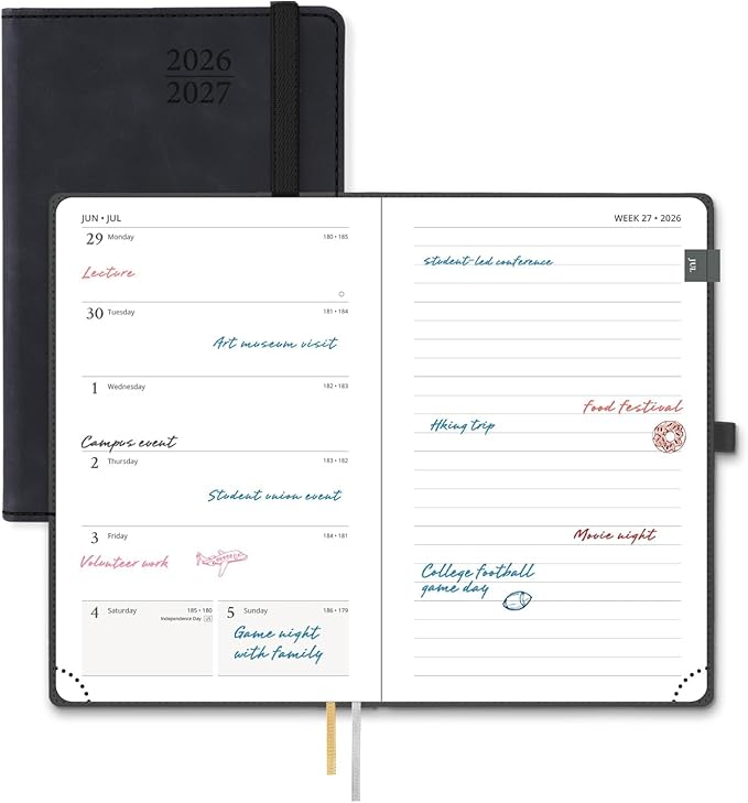 POPRUN 2026-2027 Pocket Planner (Size 4''x 6.25'') Weekly and Monthly Academic Calendar (JUL.26 - JUN.27) with Note Page and Monthly Tabs, Inner Pocket, Leather Soft Cover, 100 GSM - Black