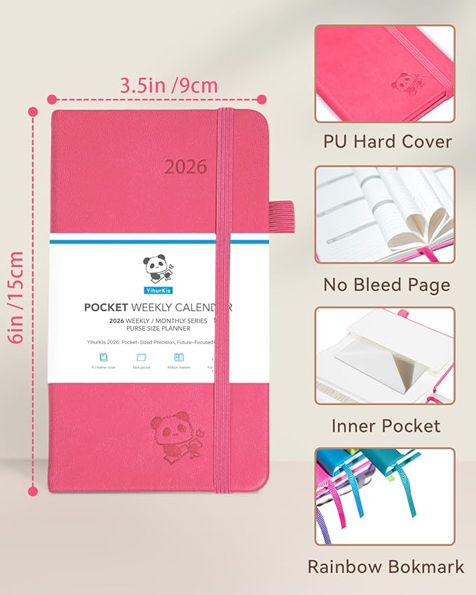 2026 Pocket Calendar by YihurKis - Weekly and Monthly Planner, 3.5'' x 6'', 2026 Purse Planner with Pen Holder, Leather Hard Cover, Inner Pocket For Men & Women - Pink