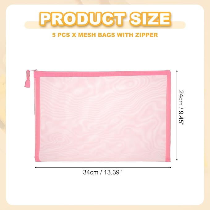 PATIKIL A4 Mesh Zipper Pouch Bags, 5 PCS Mesh Bags with Zipper Plastic Storage Pocket for Organizing File Beads Office Home Supplies, 34x24cm, Pink