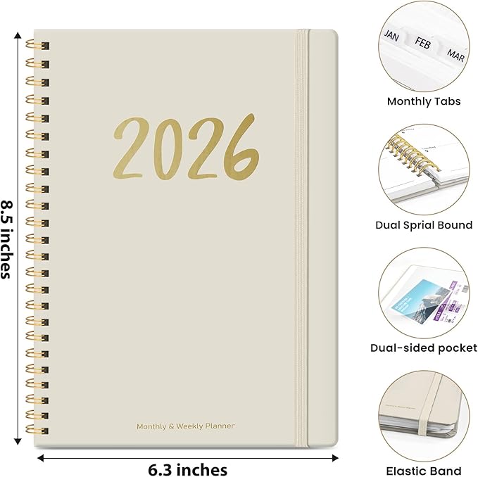 2026 Planner - Weekly and Monthly Planner, January 2026 to December 2026, Spiral Bound 2026 Calendar Planner Book, Inner Pocket, Perfect for Office Home School Supplies - A5 (6.3" x 8.5"), Beige