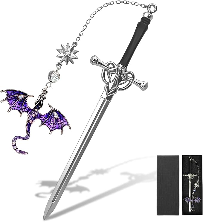 Vintage Metal Dragon Sword Bookmark, Fourth Wing Inspired Fantasy Book Markers, Cool Unique Bookmarks for Adults & Book Lovers, Personalized Dragon Gifts for Men (Purple)