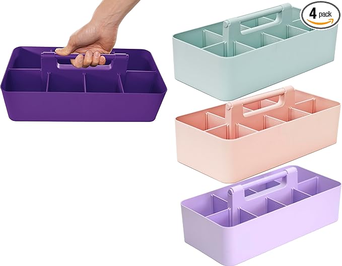 Portable Caddy Organizer - Stackable Plastic Caddy with Handle | Desk, Makeup, Dorm Caddy, Classroom Art Organizers (Made In Usa) (Mint/Pink/Royal Purple/Lavender)