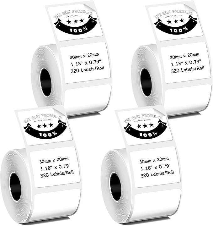 Thermal Labels Compatible with Phomemo M100/M110/M150/M221/M220/M120/M200/M250 Label Printer,1.18" x 0.79" (30x20mm), 320 Labels/Roll, Black on White,4 Rolls
