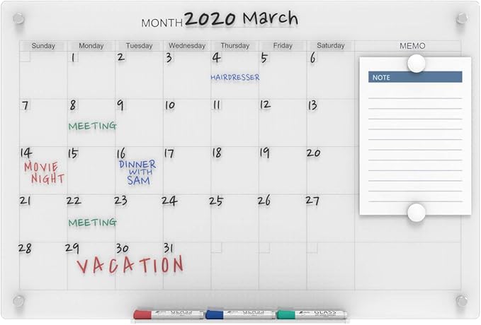 Audio-Visual Direct Magnetic Glass Dry Erase Board Set (4' x 3', Calendar Ultra White) for Wall - Monthly Planner