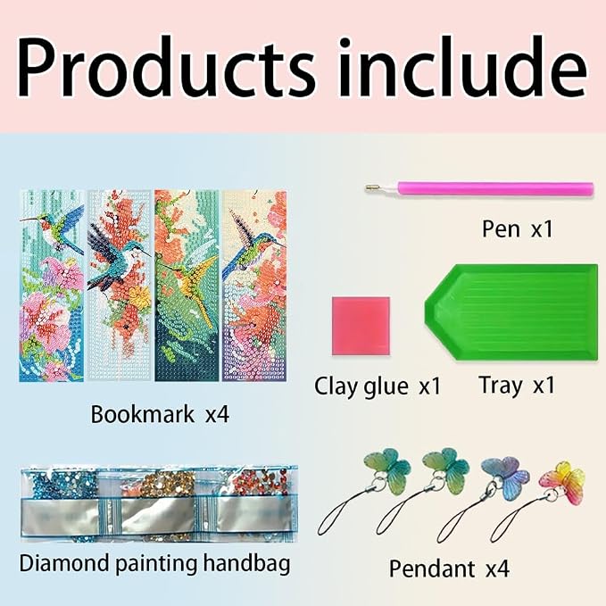 4PCS Diamond Art Bookmarks DIY Hummingbirds Diamond Painting Bookmarks for Adults Book Lovers Beginners DIY Crafts, Christmas New Year Graduation Birthday Gift