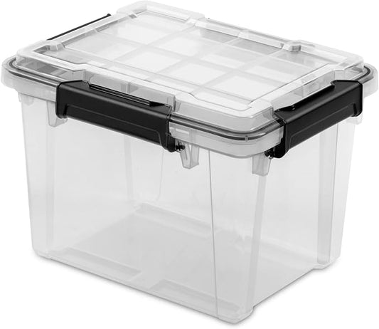 19 Qt Storage Box with Gasket Seal (Clear/Black), Heavy Duty Plastic Latching Tote, Small Stackable Container for Home Office, Basement, Garage, Storing Valuables, Files, and Supplies
