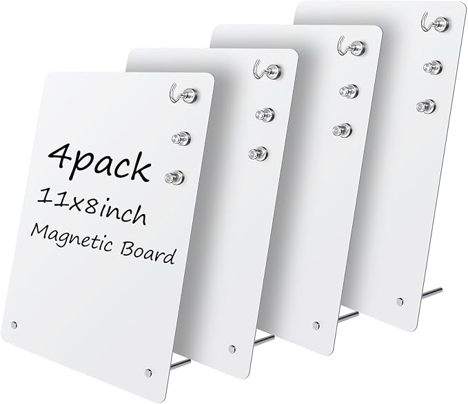 Magnetic Metal Display Bulletin Board, White, 4 Pack, 11x8 Inch | Includes 12 Magnets, For Memos Messages Photos, Home School Kitchen Office Use, Vertical Orientation
