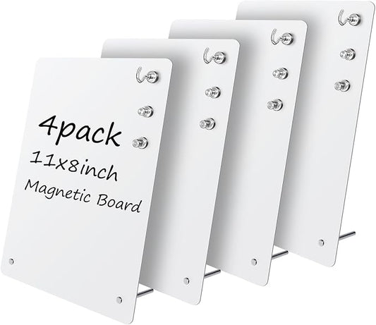 Magnetic Metal Display Bulletin Board, White, 4 Pack, 11x8 Inch | Includes 12 Magnets, For Memos Messages Photos, Home School Kitchen Office Use, Vertical Orientation