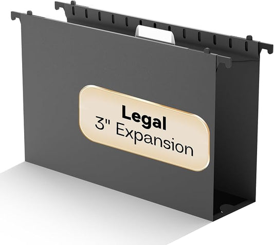 Legal Size Hanging File Folders Extra Capacity,12 Pack Plastic 3" Expansion Hang Folder with Tabs,Hanging File Organizer for File Frame/File Box,Reinforced Black Legal Folder for Filing Cabinet