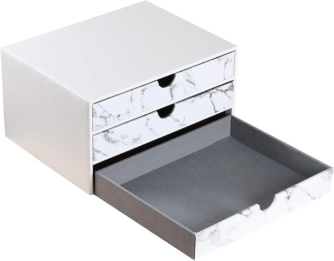Ayunga PU Leather Desk Organizer with 3 Drawers, Executive Office Supplies Desktop Filing A4 File Cabinet/Holder, Stackable Storage Box for Jewelry/Bill/Paper/Documents/Makeup Home Decor Accessories