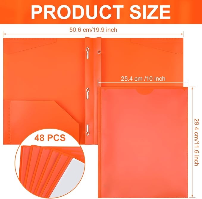 Tenceur 48 Pack Plastic Folders with 3 Prongs Bulk Heavy Duty Folders with Clear Front Pockets and Card Slots with Fasteners Fit Letter-Size Papers for Work School Office (Orange)