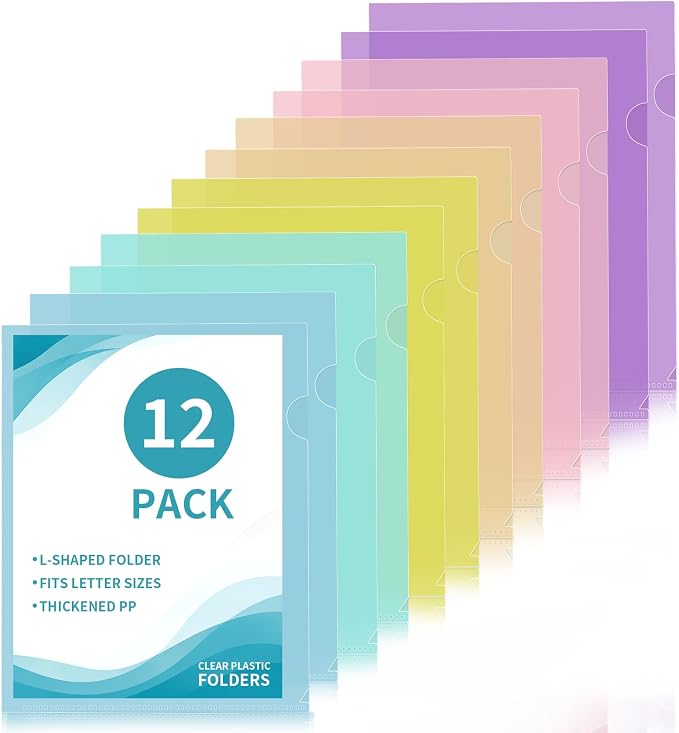 12 Pack Plastic File Folders, Letter Size Clear Project Sleeves for 8.5 x 11 Paper, Assorted Colors Transparent Document Protectors, Acid-Free Poly Jackets for Home, School & Office