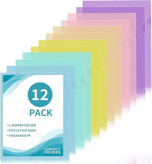 12 Pack Plastic File Folders, Letter Size Clear Project Sleeves for 8.5 x 11 Paper, Assorted Colors Transparent Document Protectors, Acid-Free Poly Jackets for Home, School & Office
