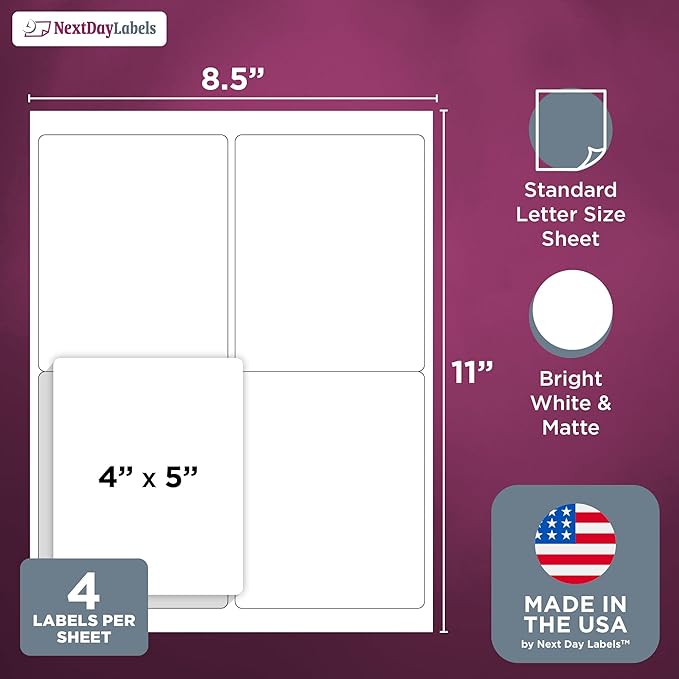 NextDayLabels 4x5 Inch Rectangle Stickers White Blank Labels for Laser Inkjet Printer - 4 Per Sheet Self-Adhesive Shipping Product Packaging Made in USA - 400 Labels