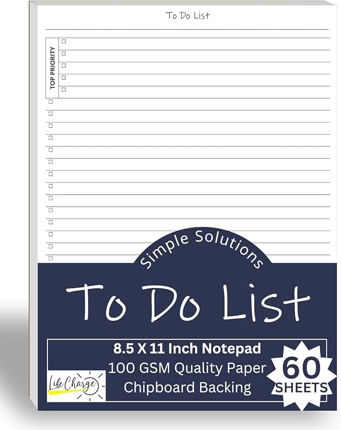 Life Charge TO DO List Planner Notepad, 60 Page Planning Pad. Undated ToDo Checklist w/Priority & Note Sections. Organize & Track Projects, Clients or Daily Tasks. 8.5 X 11, A4 Tear Sheets.