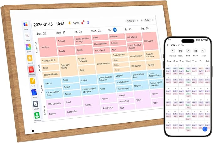 10.1 Inch Digital Calendar 2026 Chore Chart – Interactive Touchscreen Wall Planner, Smart Family Organizer for Family Schedules, Desktop and Wall Mountable, Woodgrain