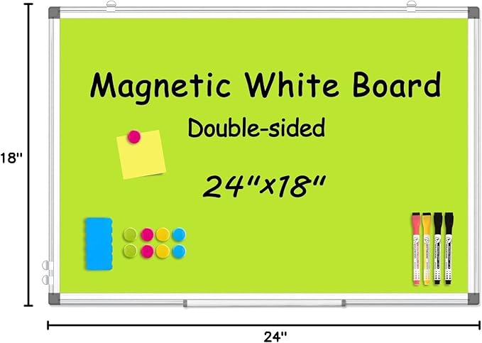 WALGLASS Magnetic Whiteboard 24"x18" Dry Erase White Board for Walls with Pen Tray, Aluminium Frame and Dry-Wipe Writing Surface for Drawing, Home, and Office (Green)