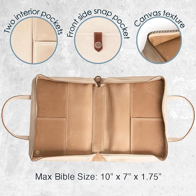 Bible Cover for Women by Bekah Rose | Canvas Case with Leather Handles, Purse Style Bible Bag with Zippered Closure and Snap Pocket (White/Cream, Medium Bibles)