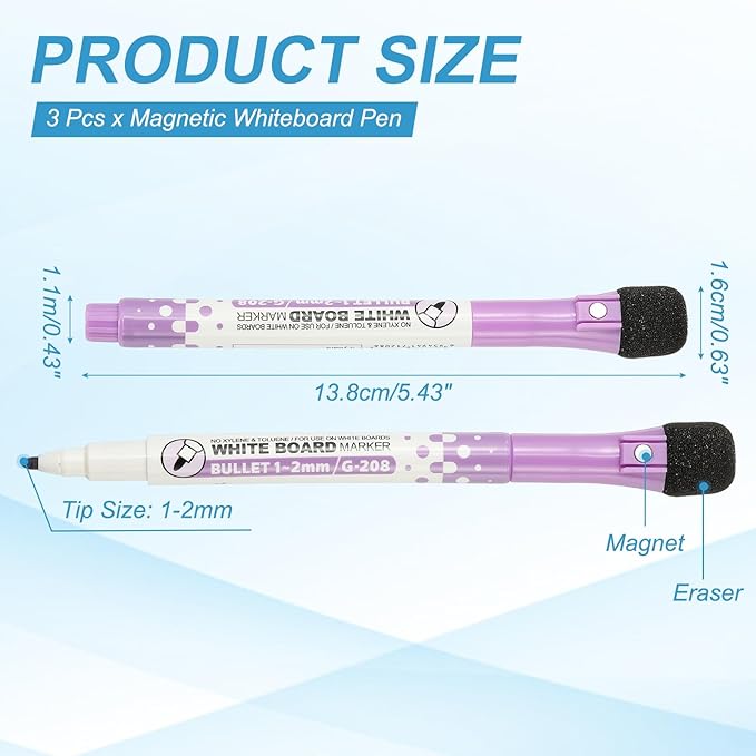 PATIKIL Magnetic Whiteboard Pen, Fine Tip Dry Erase Purple White Board Markers with Eraser Whiteboard Calendar Supplies for Classroom Office, 3 Pcs, 1-2mm Tip