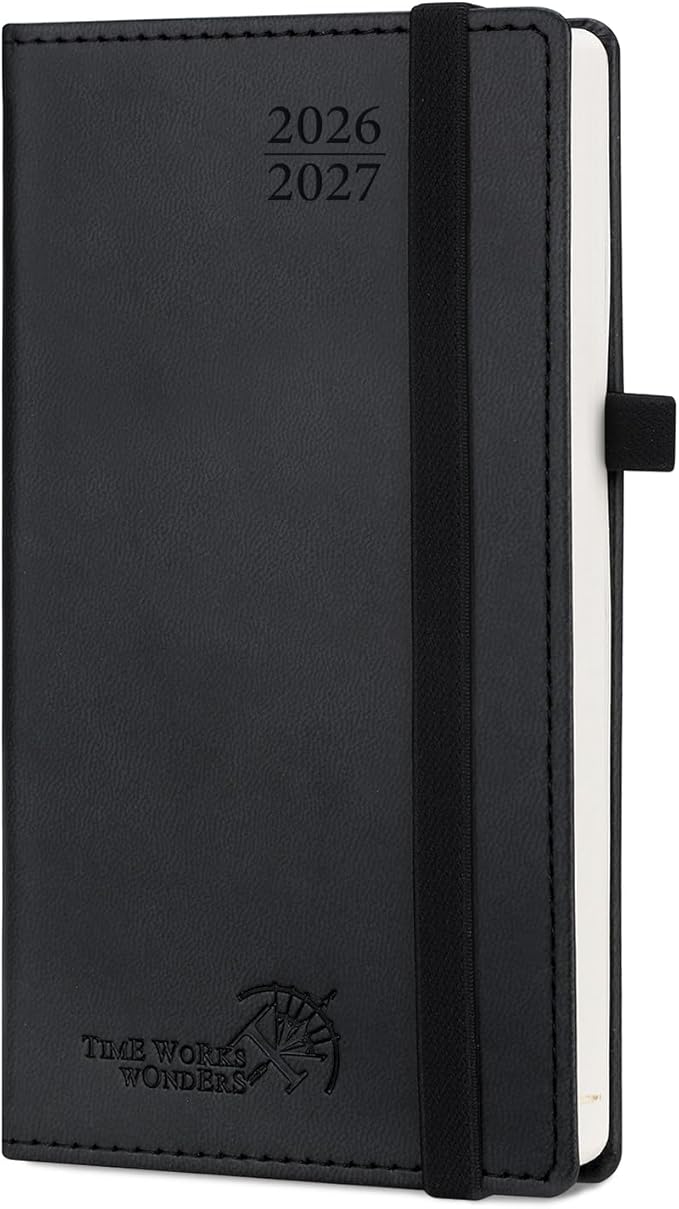 POPRUN Pocket Planner 2026-2027, Slim Size-3.5" x 6.5", 17 Month (Aug 2026 - Dec 2027) Academic Pocket Calendar for Purse, Small Weekly Appointment Book with Vegan Leather Hardcover - Black