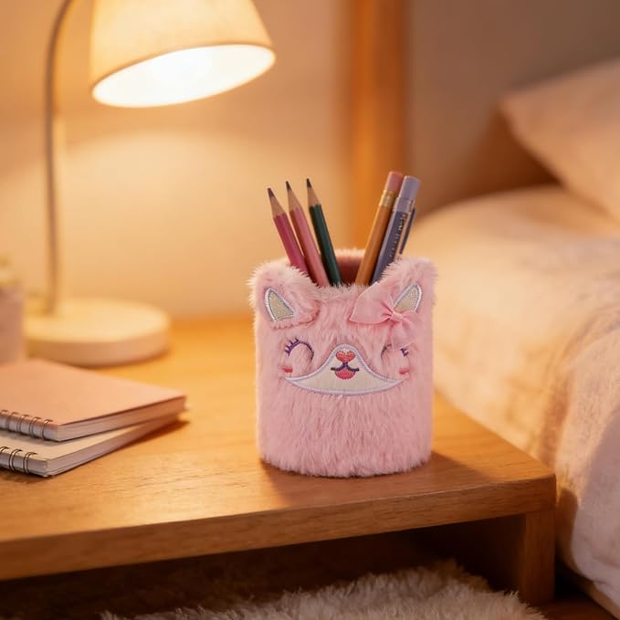 Pencil Holder, Cute Pen Holder for Desk, Pink Fox Stand Makeup Brush Cup for School, Home, Office Desk Decor, Aesthetic Desktop Organizer, Multi-Purpose Pen Holder & Makeup Brush Cup