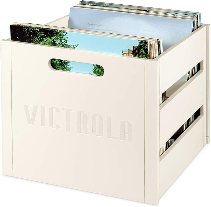 Victrola Wooden Record Crate – Tabletop Vinyl Album Holder, No-Tool Assembly, Holds Over 50 Records, Real Wood Construction, Elegant Design (White)