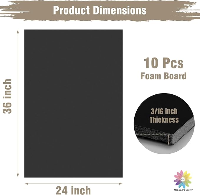 Mat Board Center, Pack of 10 Acid-Free Foam Boards, 24x36 inch Black Foam Boards, 3/16" Thick