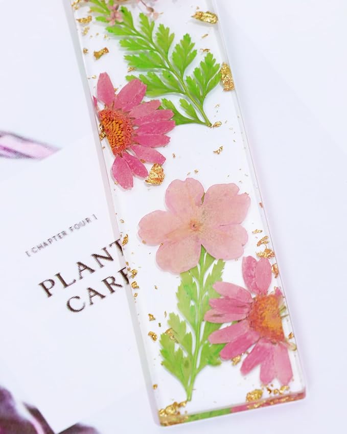Penta Angel Dried Flower Resin Bookmarks Handmade Clear Pressed Floral Page Markers with Silky Tassel Reading Gift for Women Adults Graduation Valentine’s Day Christmas (Pink & Green)