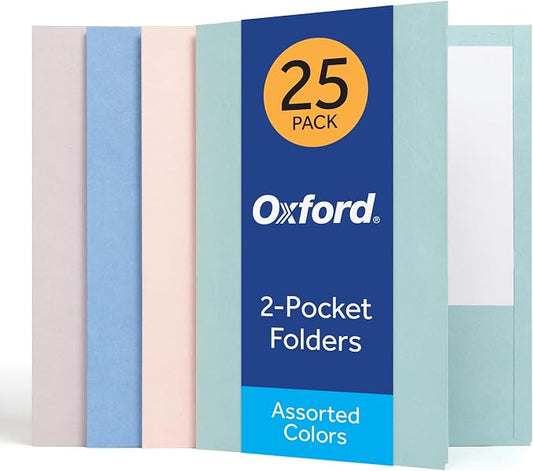 Oxford 2 Pocket Folders, 25 Pack, Assorted Calming Colors, Made in the USA, Fits 100 Letter Size (8.5" x 11") Sheets, Durable Paper Folders for School, Home, and Office